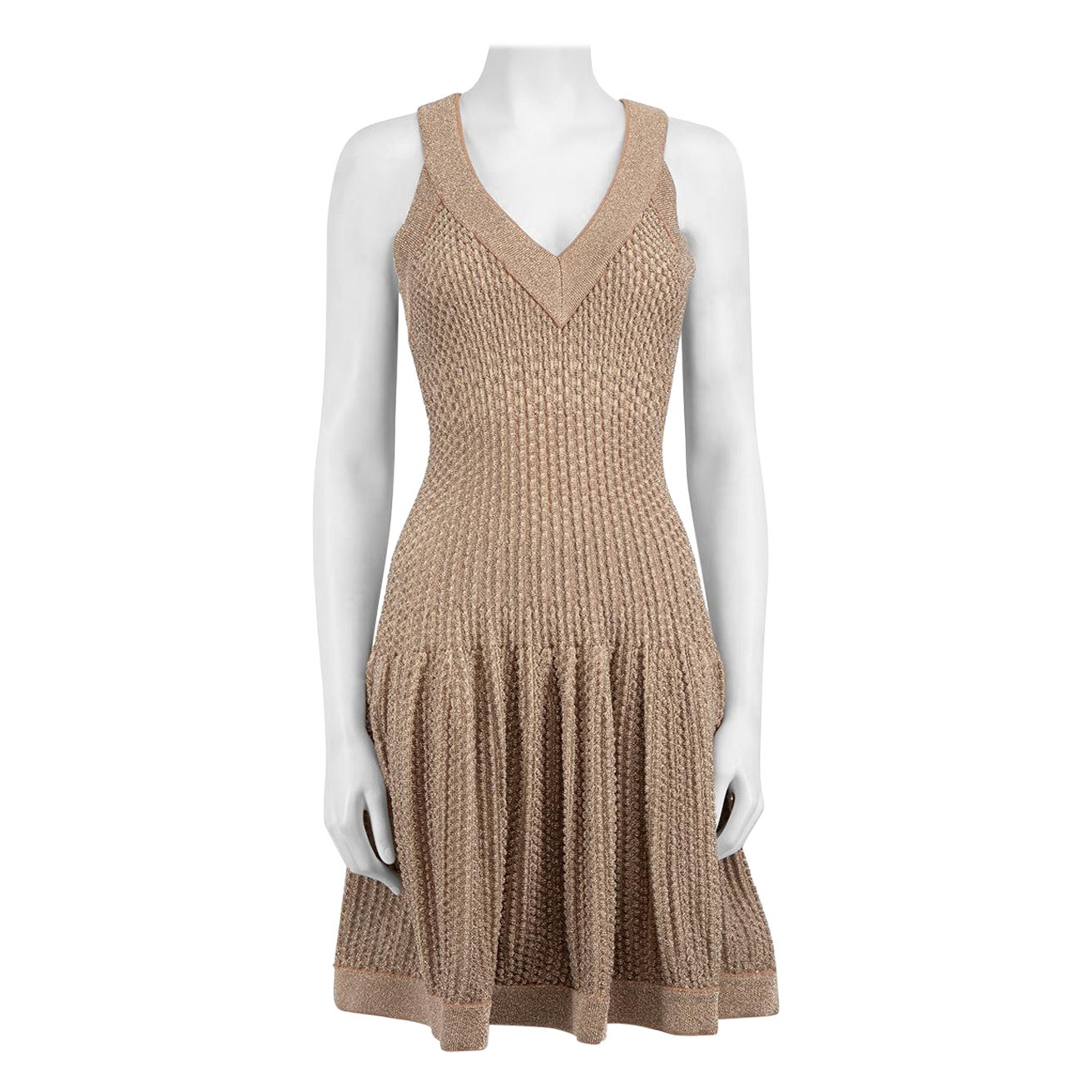 Alaïa Beige Metallic Textured Knit Mini Dress Size L en vente