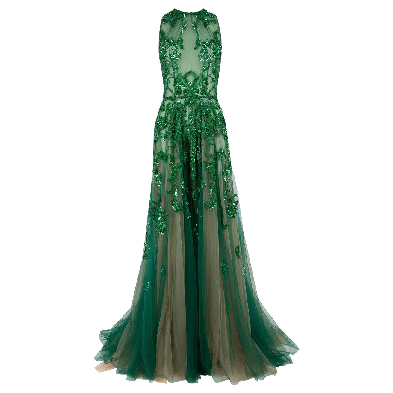 Honayda AW22 Green Tulle Embellished Gown Size L For Sale