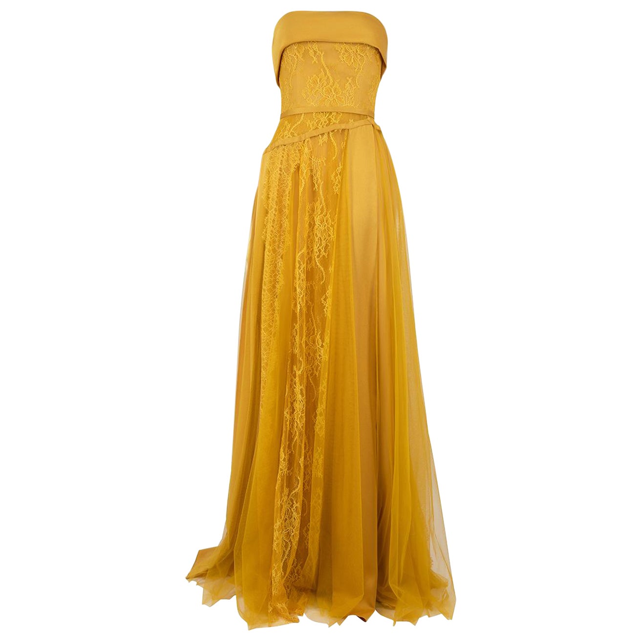 Honayda AW22 Yellow Floral Lace Strapless Gown Size S For Sale
