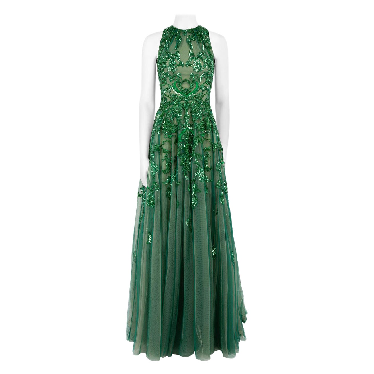Honayda AW22 Green Tulle Floral Embellished Gown Size S For Sale