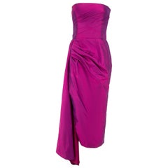 Rasario Magenta Fitted Silk Gathered Drape Detail Midi Dress Size M