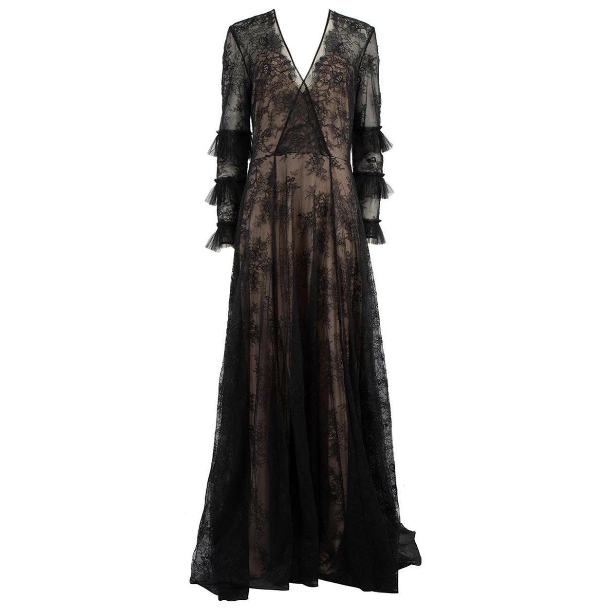 Honayda Black Lace V-Neck Floral Lace Gown Size XXL For Sale