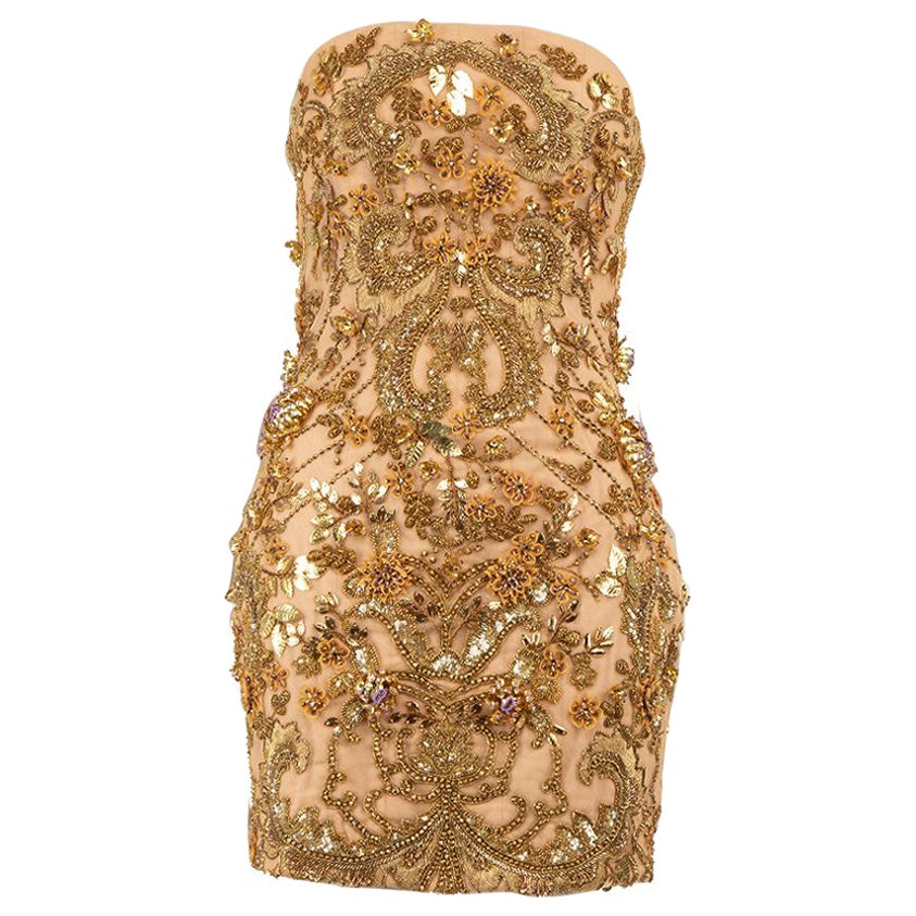 Honayda Gold Beaded Sequin Embellished Mini Dress Size M For Sale