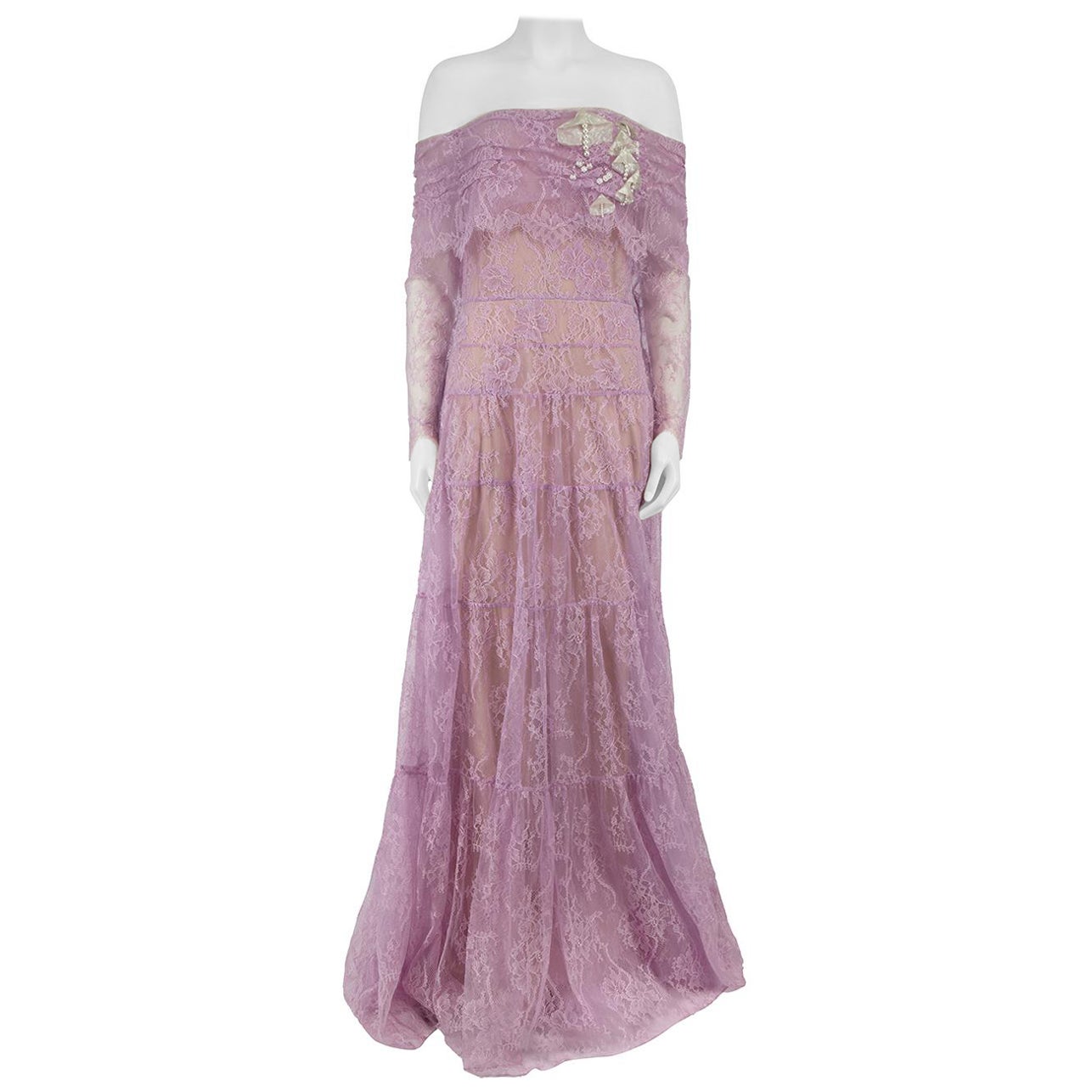 Honayda Purple Floral Lace Faux Pearl Gown Size XL For Sale