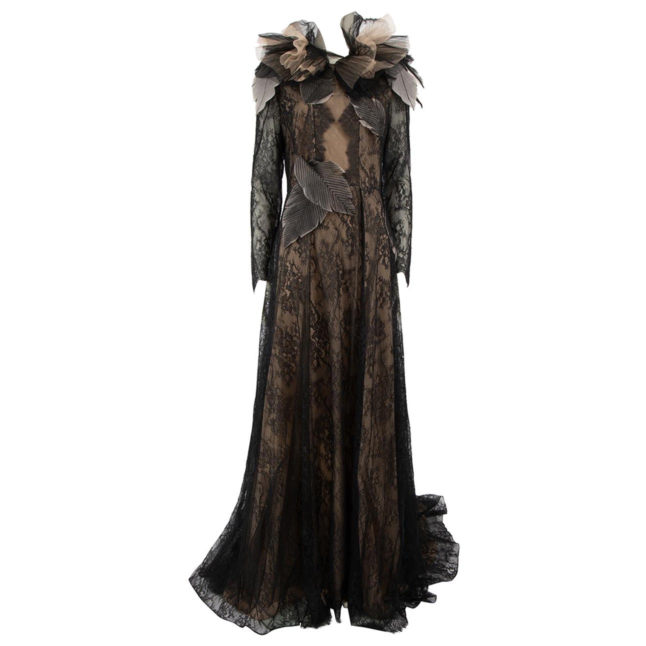 Honayda Black Lace Ruffle Neck Maxi Dress Size XXL en vente