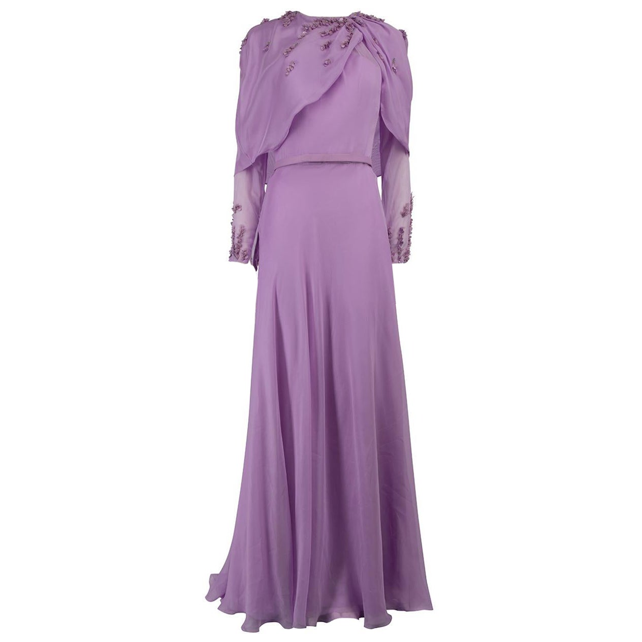Honayda Purple Flower Embroidered Cape Maxi Dress Size M For Sale