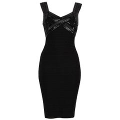 Hervé Léger - Mini robe noire à col en V pailleté, taille XS