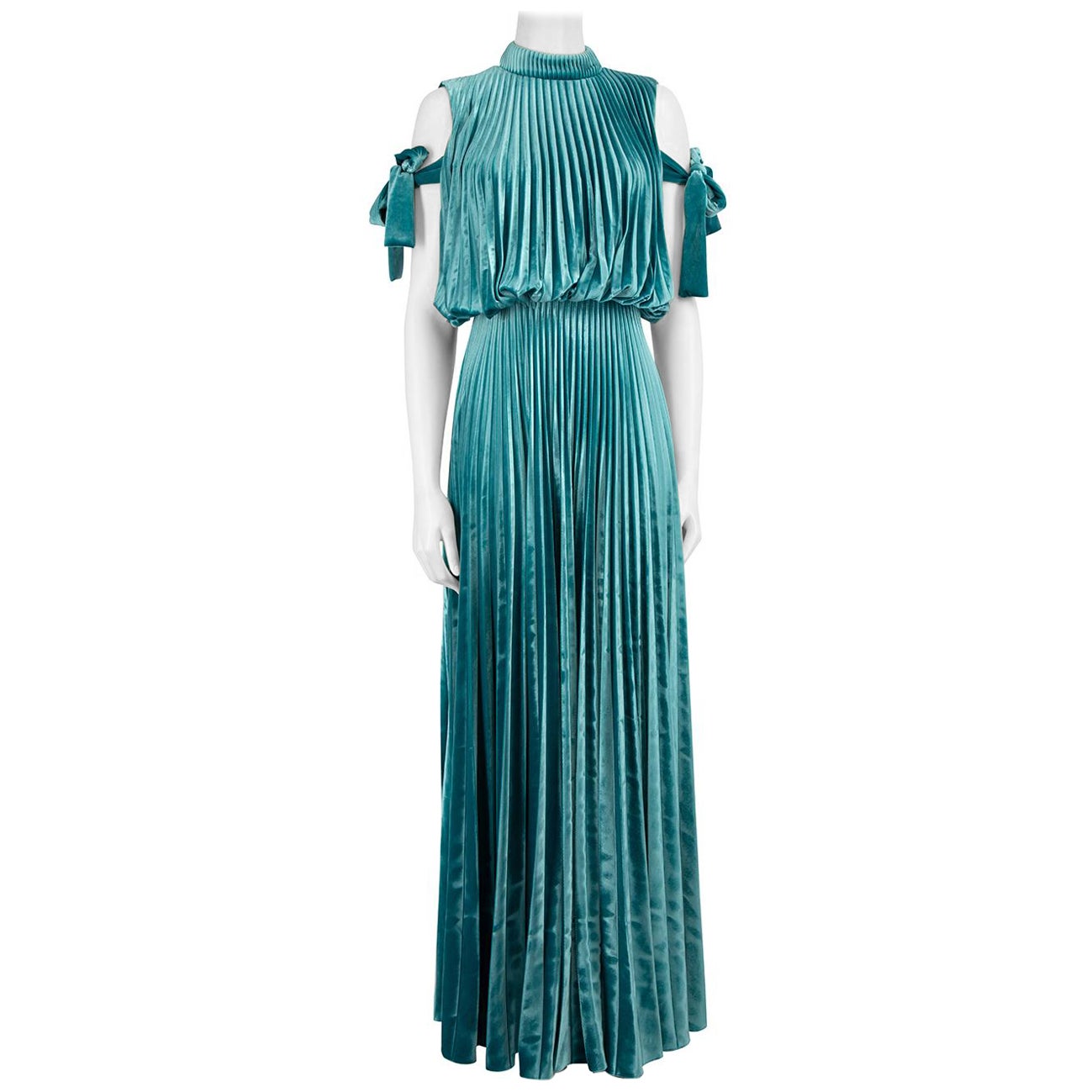 Mikael Aghal Teal Velvet Pleated High Neck Gown Size XS For Sale