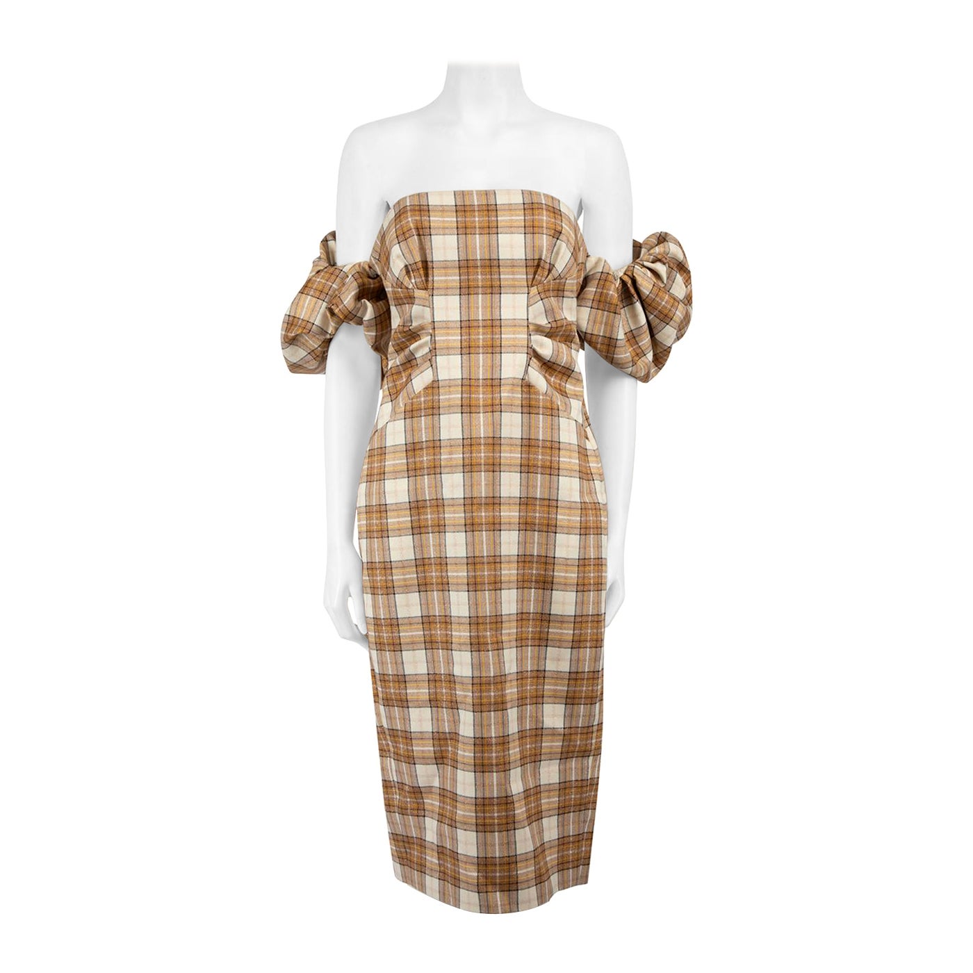 Acler Brown Off-Shoulder Tartan Fitted Midi Dress Size M For Sale