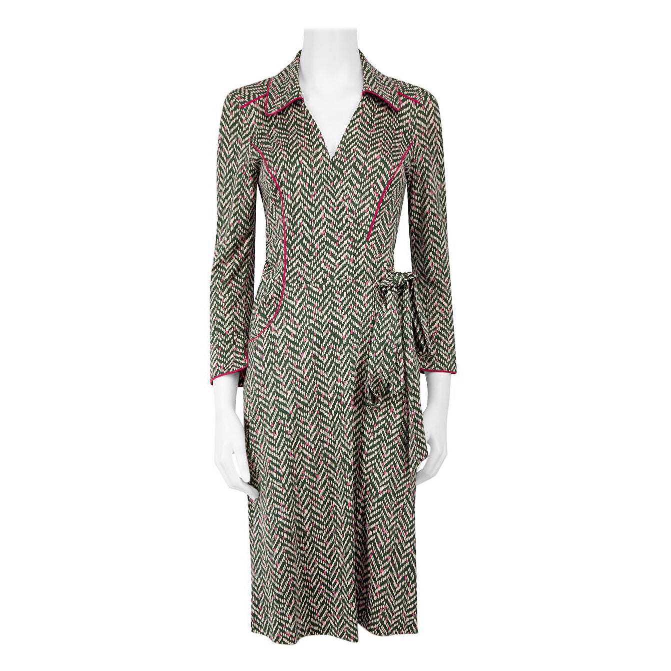 Diane Von Furstenberg Green Dotted Midi Wrap Dress Size L For Sale
