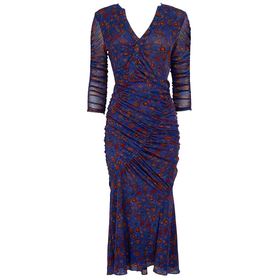 Diane Von Furstenberg Blue Floral Ruched Midi Dress Size S For Sale