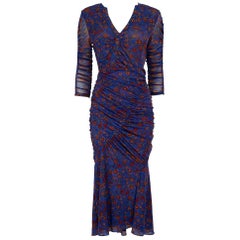 Diane Von Furstenberg Blue Floral Ruched Midi Dress Size S
