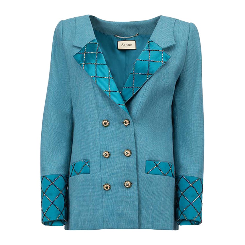 Sanne Teal Check Beaded Double Breasted Blazer Size M For Sale