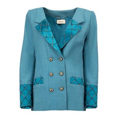 Sanne Teal Check Beaded Double Breasted Blazer Size M