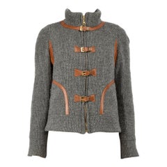 Smythe Grey Leather Trim Buckle Knit Jacket Size M