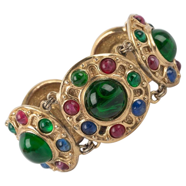 Dior Golden Metal Articulated Bracelet with Glass Paste Cabochons For Sale