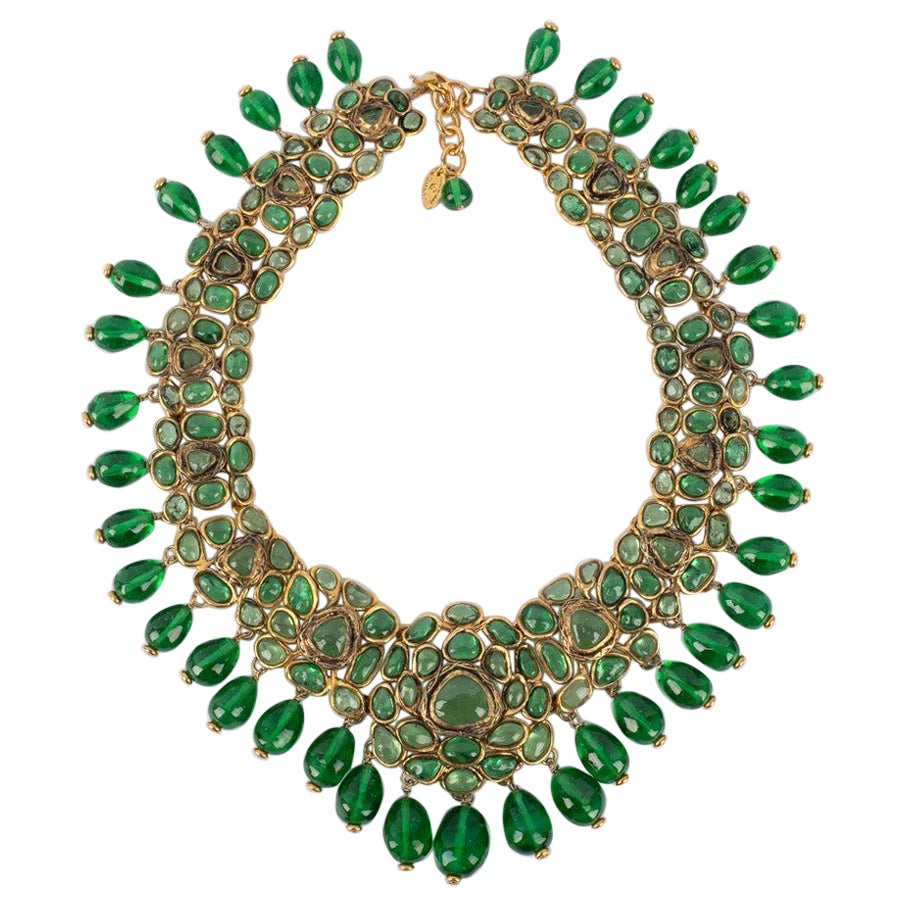 Chanel Golden Metal Dickey Necklace with Green Glass Paste, 1980s For Sale