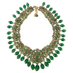 Chanel Golden Metal Dickey Necklace with Green Glass Paste, 1980s