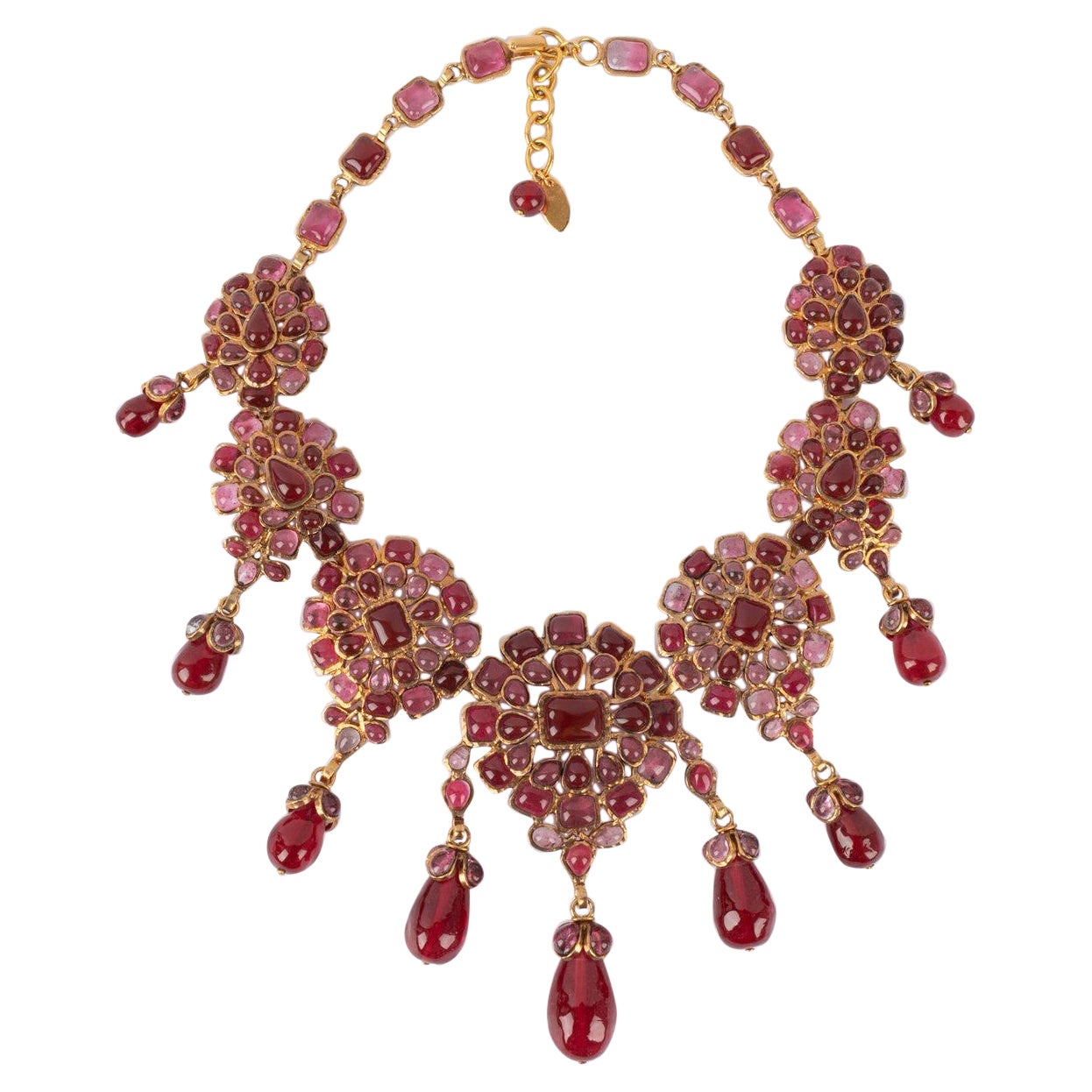 Chanel Golden Metal Necklace with Red Glass Paste, 1980s For Sale