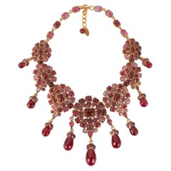 Vintage Chanel Golden Metal Necklace with Red Glass Paste, 1980s