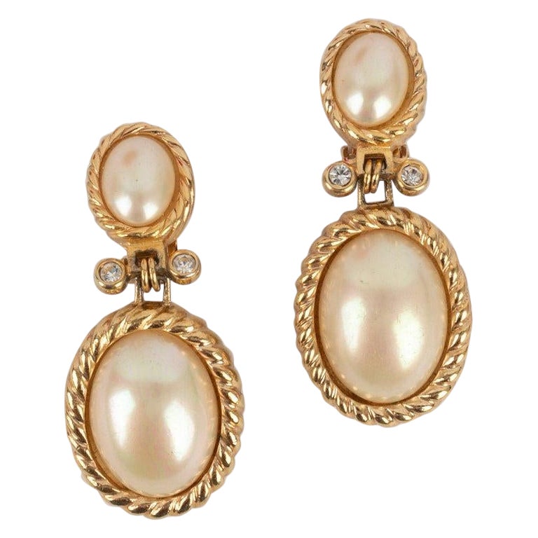 Christian Dior Golden Metal Clip-on Earrings with Pearly Cabochons For Sale