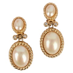 Retro Christian Dior Golden Metal Clip-on Earrings with Pearly Cabochons