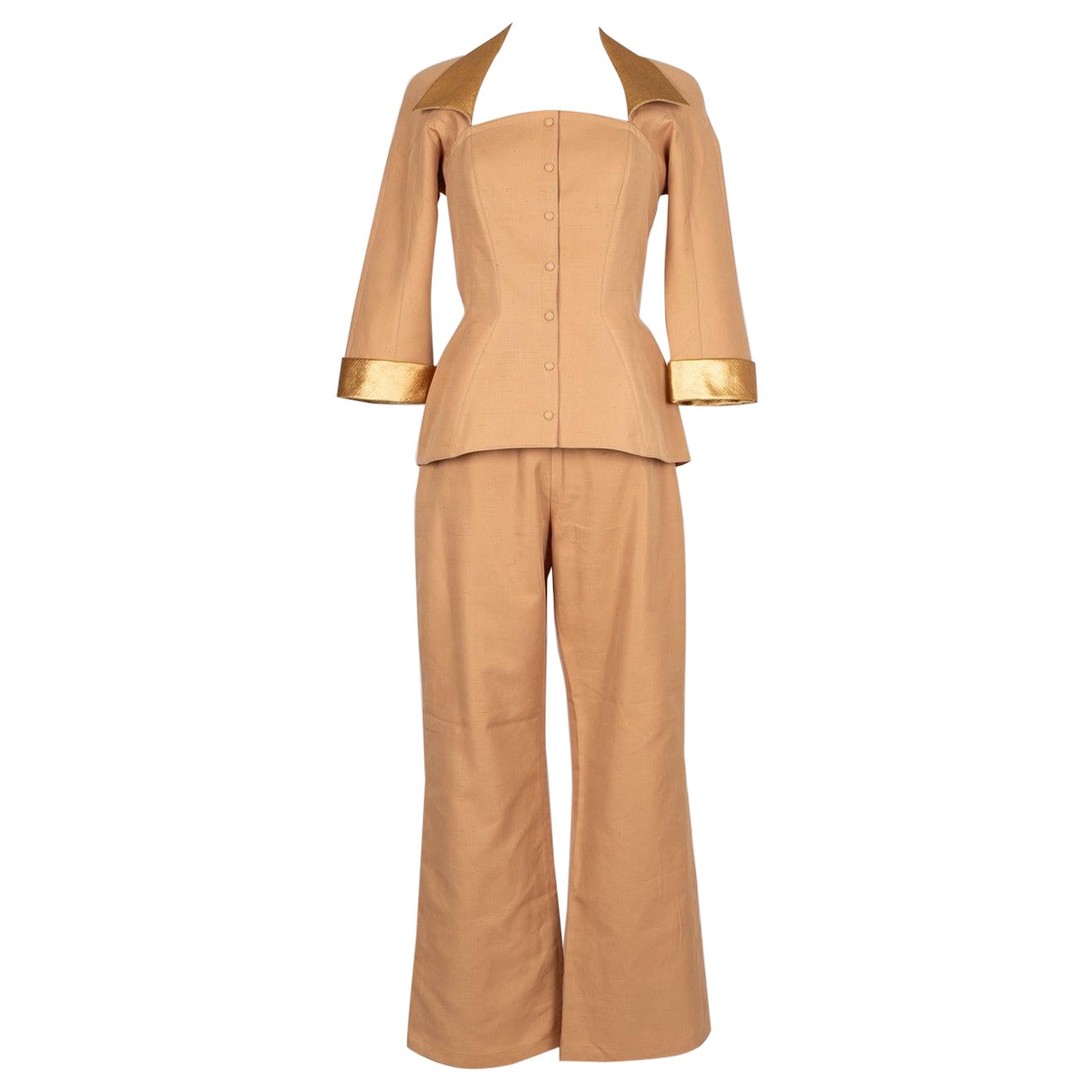Thierry Mugler Light-Brown Wild Silk Set Couture For Sale