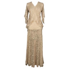 Antique Lace Set of Short-Sleeved Jacket and Long Skirt, 1910