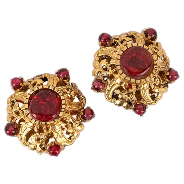 Chanel Golden Metal Earrings with Red Glass Paste