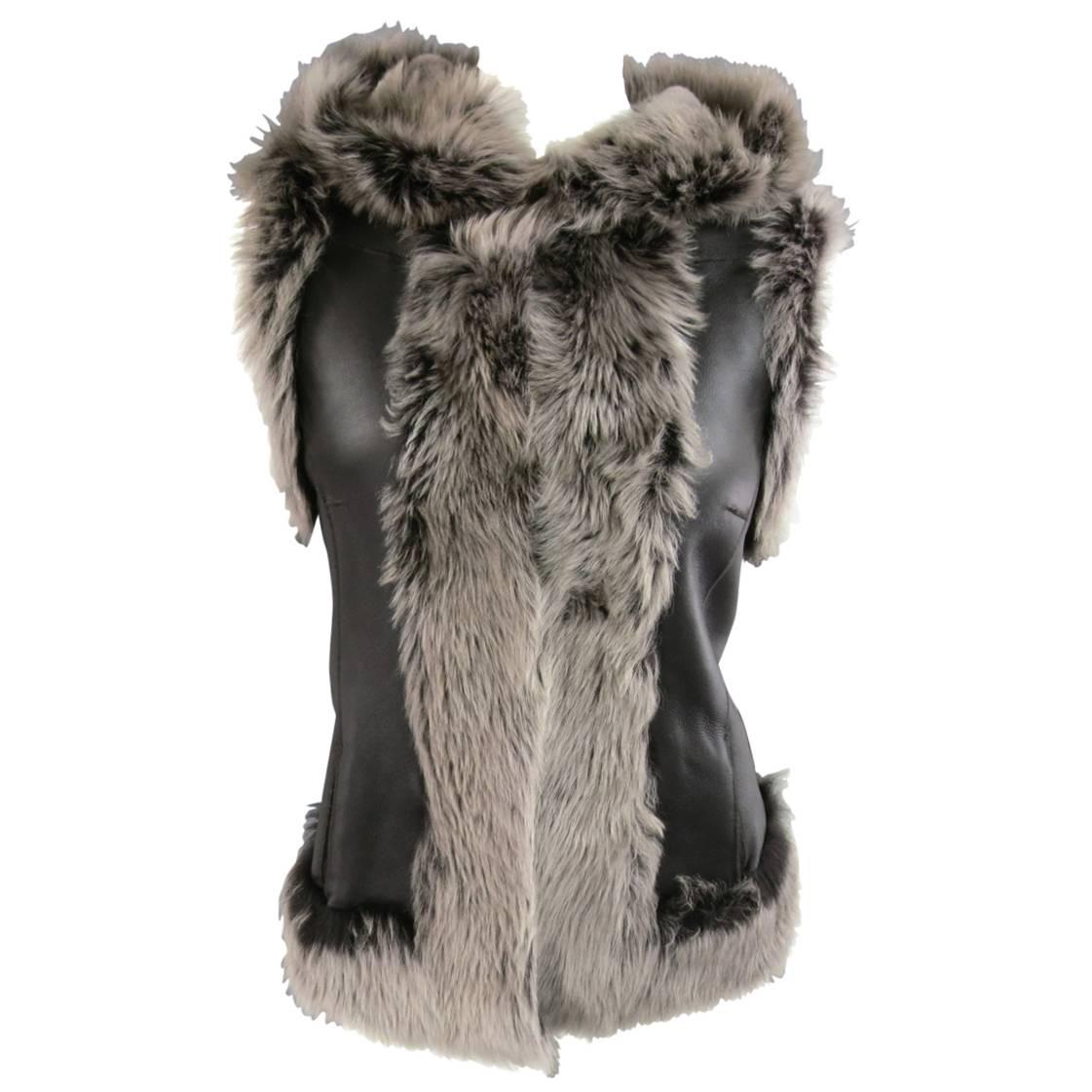 ROSENBERG & LENHART Size 8 Gray & Black Hooded Lamb Fur Shearling Leather Vest