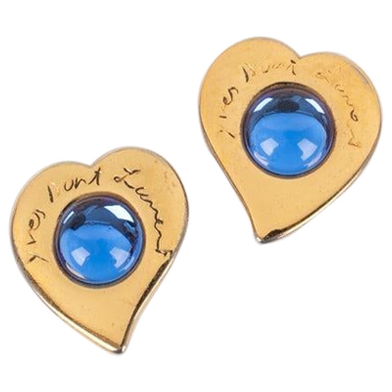 Yves Saint Laurent Golden Metal Clip-on Earrings with Blue Cabochons For Sale