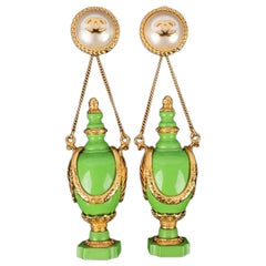 Retro Chanel Golden Metal Earrings with Green Resin