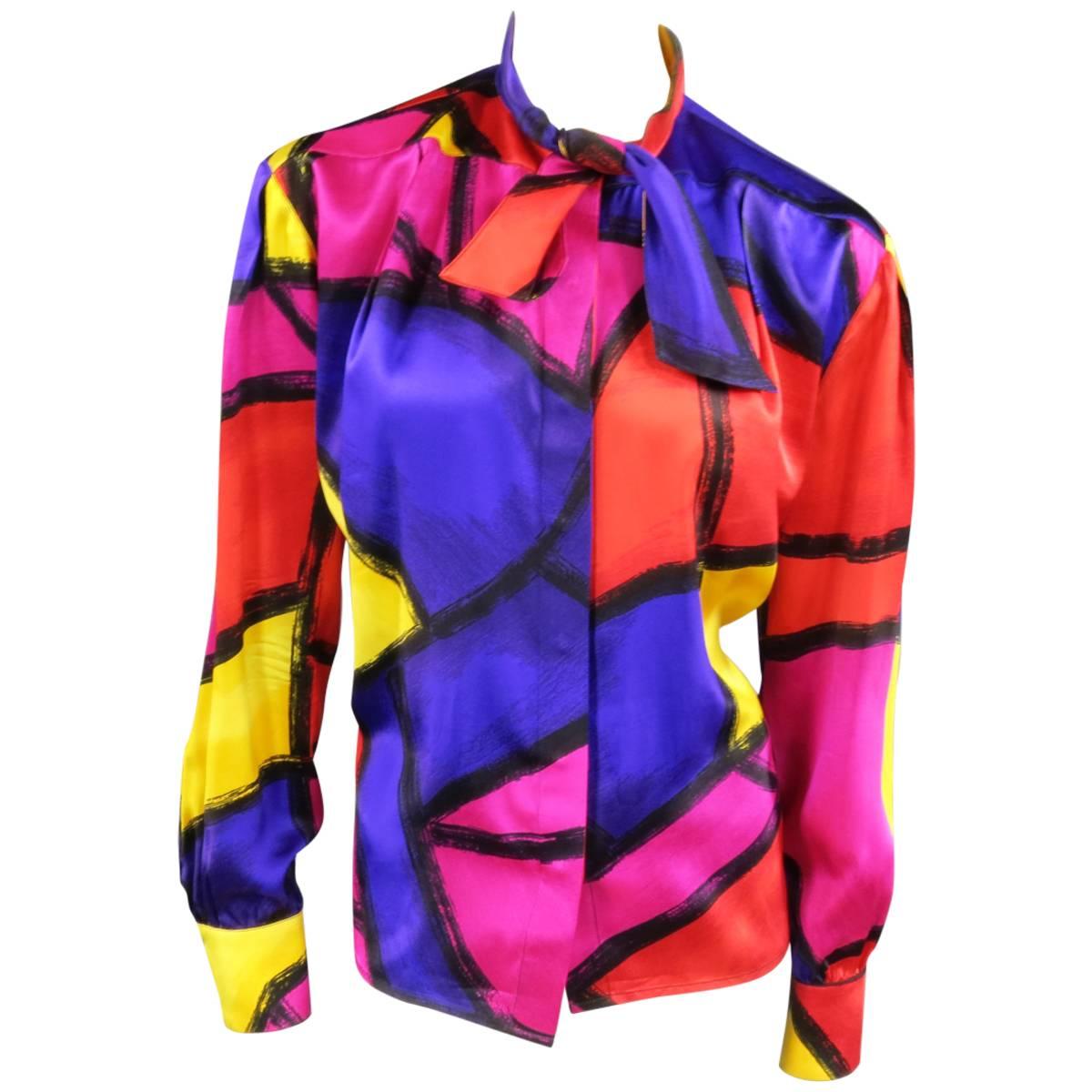 THIERRY MUGLER Size 10 Multi-Color Abstract Brush Stroke Silk 1980's Blouse