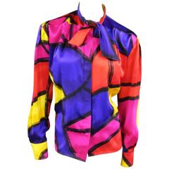 Vintage THIERRY MUGLER Size 10 Multi-Color Abstract Brush Stroke Silk 1980's Blouse