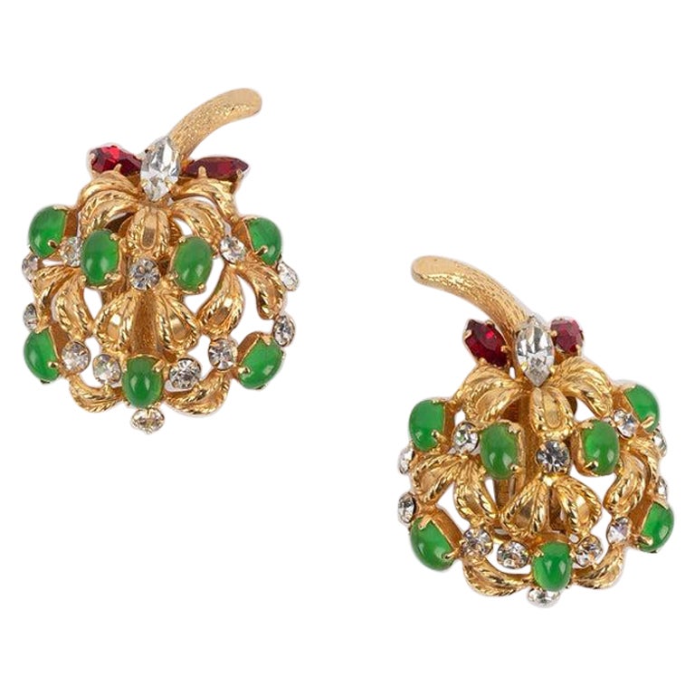 Dior Golden Metal Clip-on Earrings with Rhinestones, 1969 For Sale