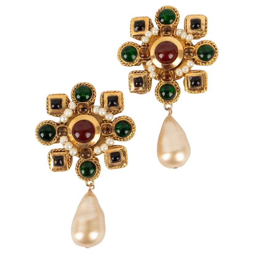 Chanel Golden Metal and Glass Paste Earrings For Sale