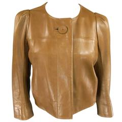 CHLOE Size 10 Cropped Tan Leather PLeated Back Jacket