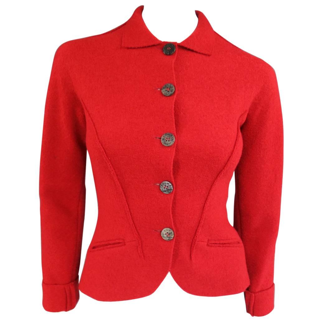 1990's Vintage BALMAIN Size 4 Red Wool Cardigan Jacket