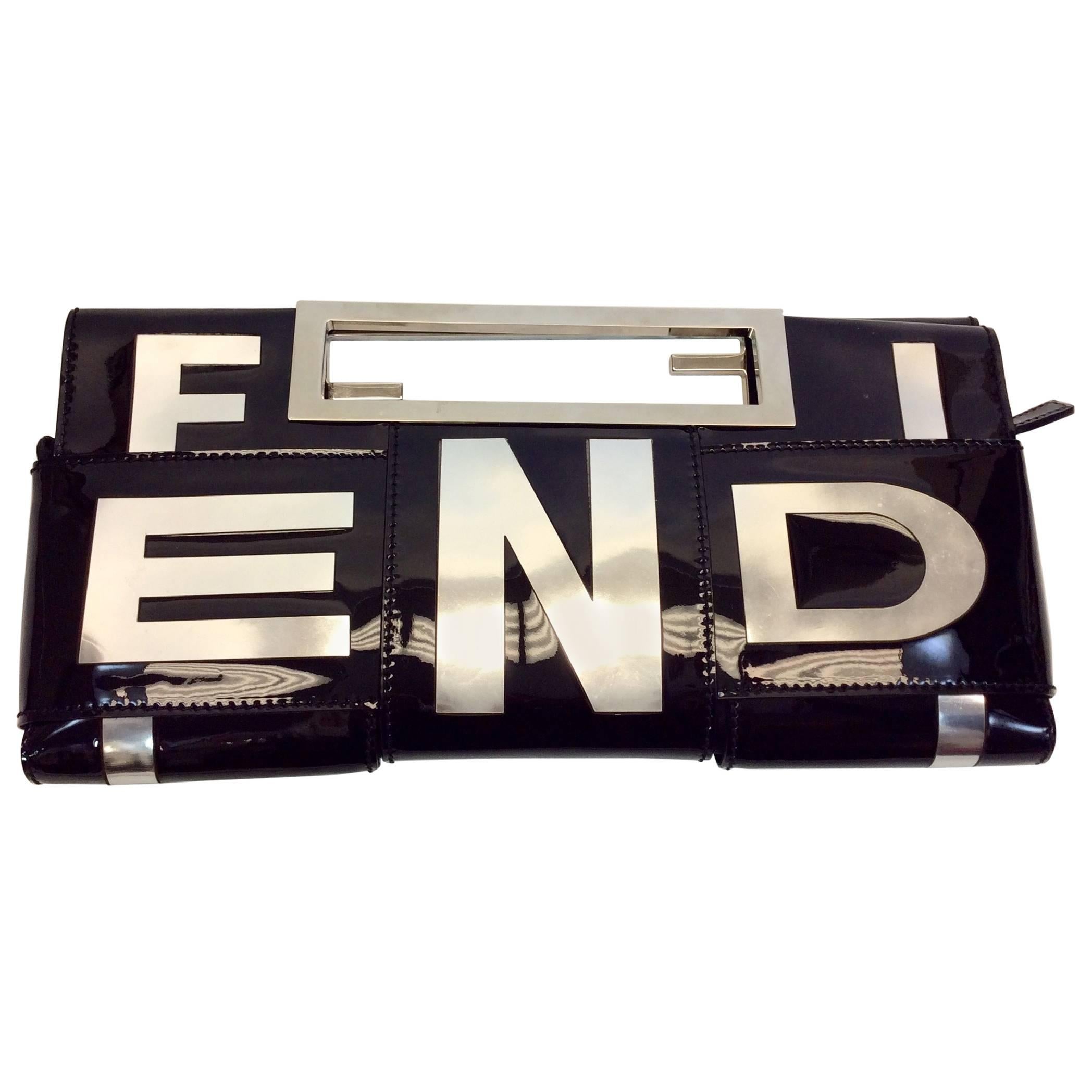 Fendi Silver and Black Patent Leather Clutch