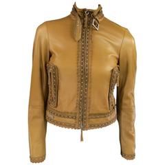 GIANFRANCO FERRE Size 2 Beige Studded Lace Trim Leather Motorcycle Jacket