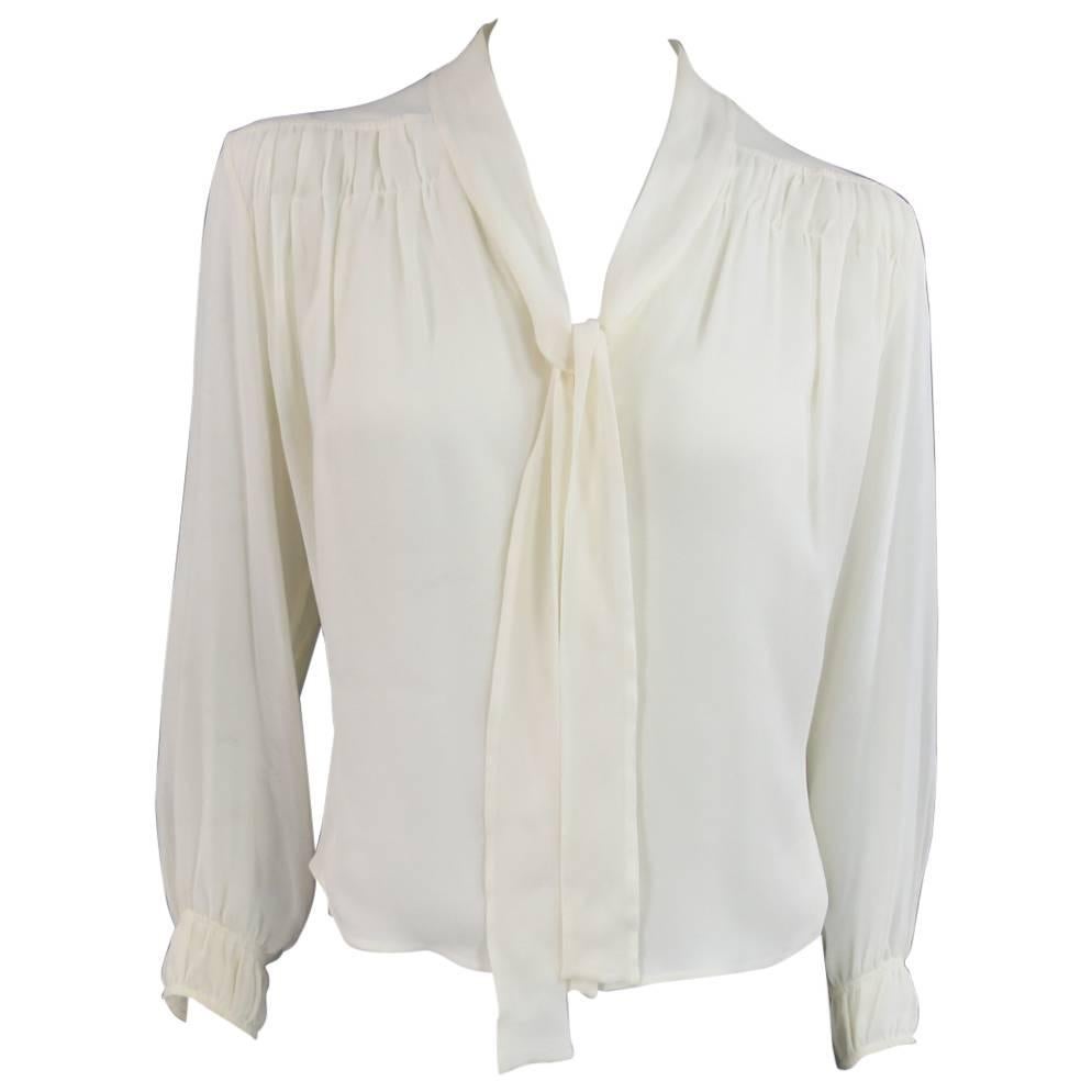 HERMES Size 10 Cream Gathered Sheer Silk Bow Blouse