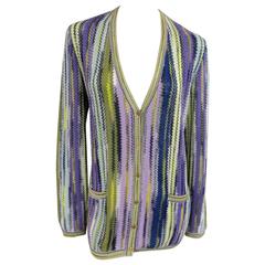 MISSONI Size 12 Purple Green Yellow & Blue Striped Knit V Neck Cardigan