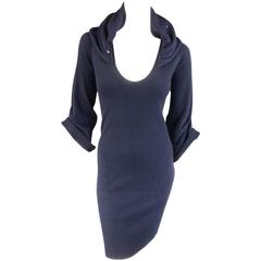 BRUNELLO CUCINELLI M Navy Cashmere Sequin Ruched Collar V Neck Sweater Dress