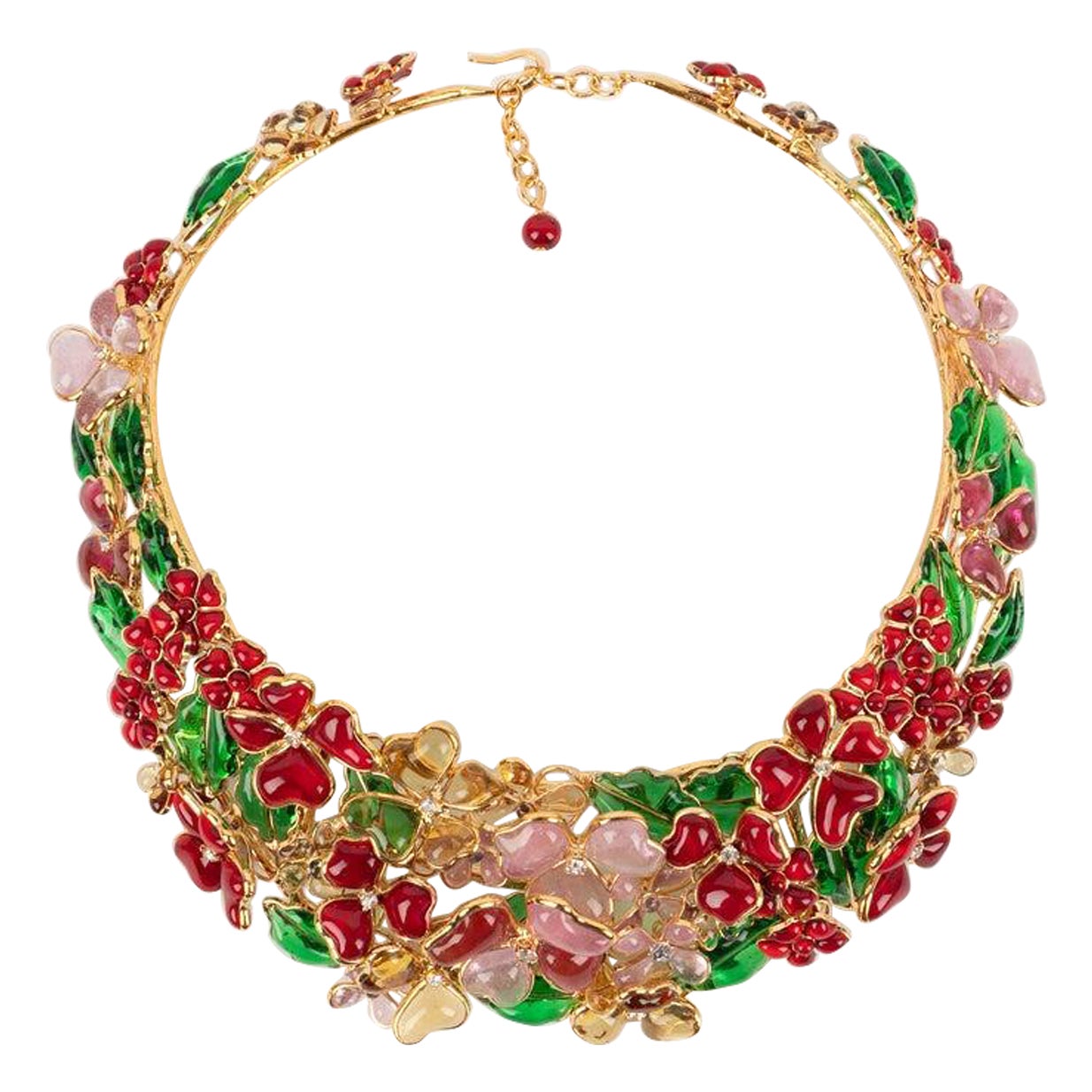Augustine Golden Metal Necklace with Glass Paste Flowers For Sale
