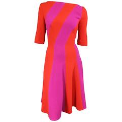 Talbot Runhof Red and Magenta Striped Virgin Wool Blend A Line Dress, US 10 