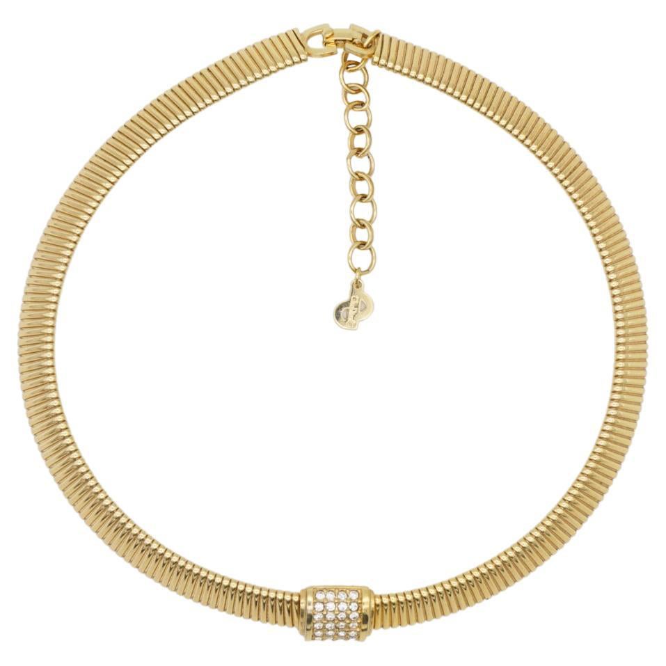 Christian Dior Vintage 1980s Crystals Square Pendant Omega Choker Gold Necklace For Sale