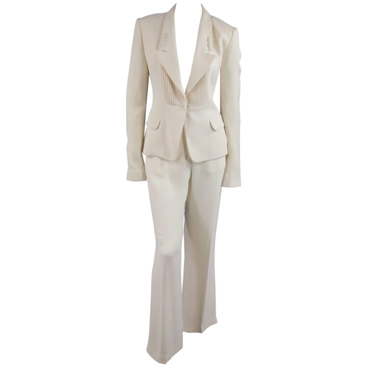 VIKTOR & ROLF Size 6 Off White Silk Tuxedo Style Pleated Bib Pants Suit