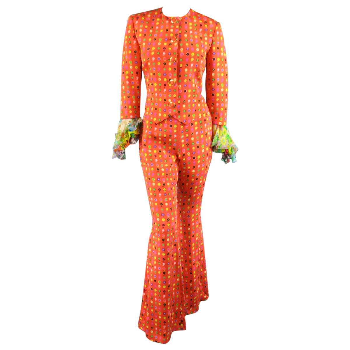 GIANNI VERSACE Size 6 Orange Floral Print Silk Collarless Ruffle Cuff Suit