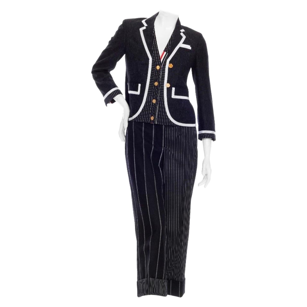 Thom Browne Navy Wool Pinstriped Jacket and Pants Suit For Sale