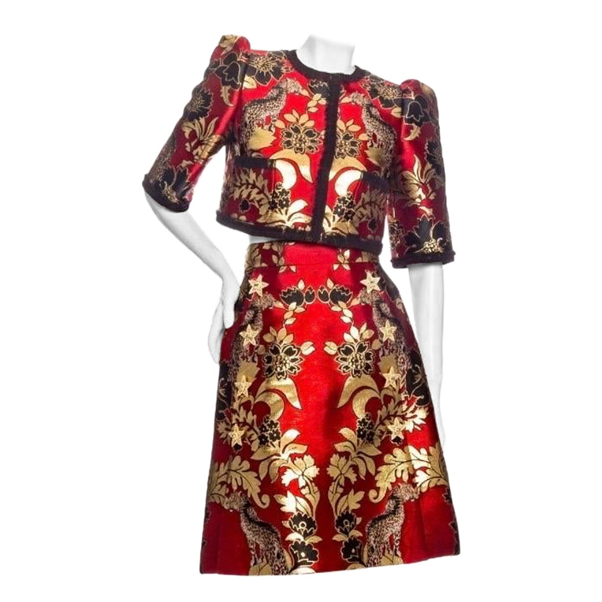 Dolce & Gabbana Gold and Red Leopard Motif Jacquard Jacket and Skirt Set For Sale